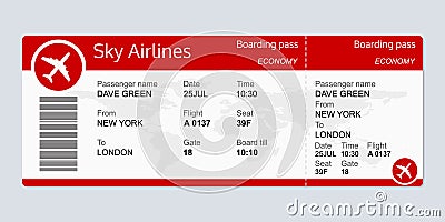 Plane ticket template. Airplane flight ticket blank. Boarding pass. Vector illustration. Vector Illustration